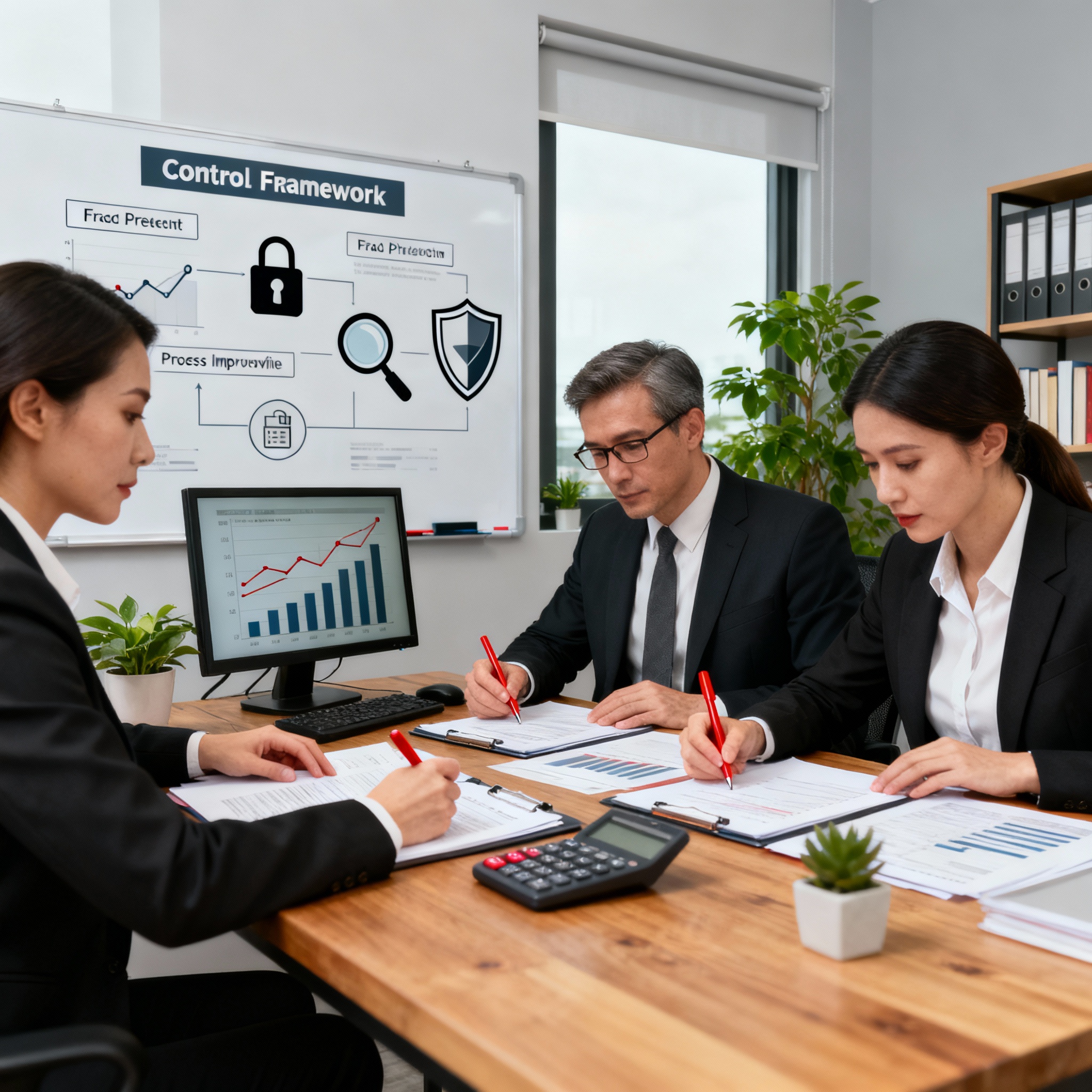 Internal audit process showing team collaboration, documents, and control systems.